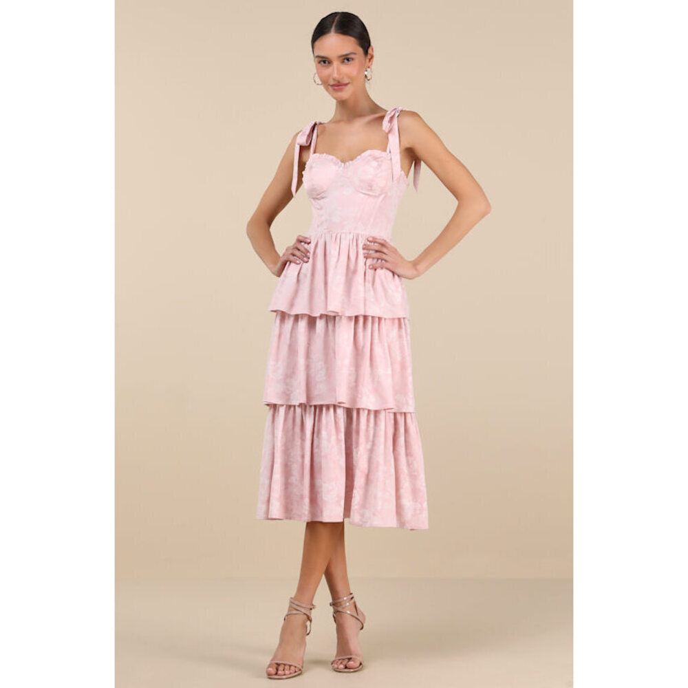 Lulus Lovely Bliss Pink Floral Jacquard Strapless Bustier Midi Dress - Size M